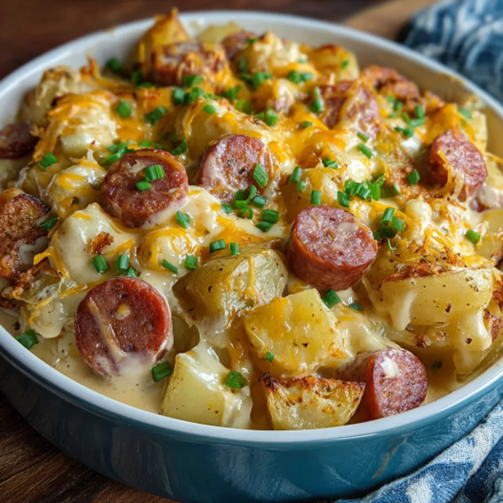 Cheesy Potato Kielbasa Sausage Skillet