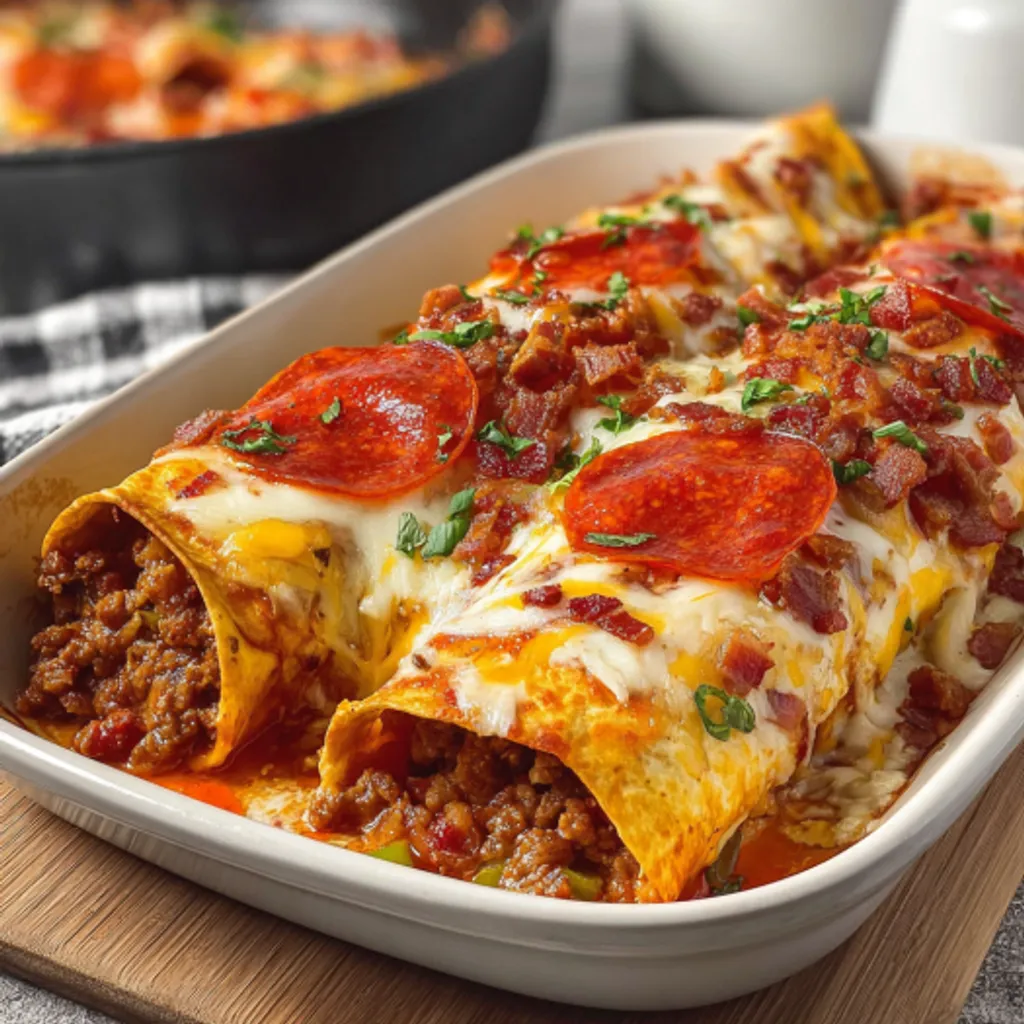 Pepperoni Beef Pizza Enchiladas