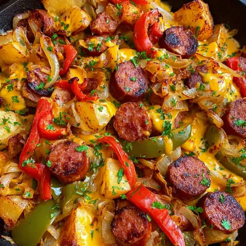 Savory Cheesy Potato Kielbasa Skillet Recipe