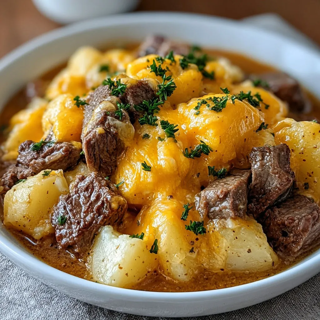 Tender Slow Cooker Steak and Cheddar Potato Casserole