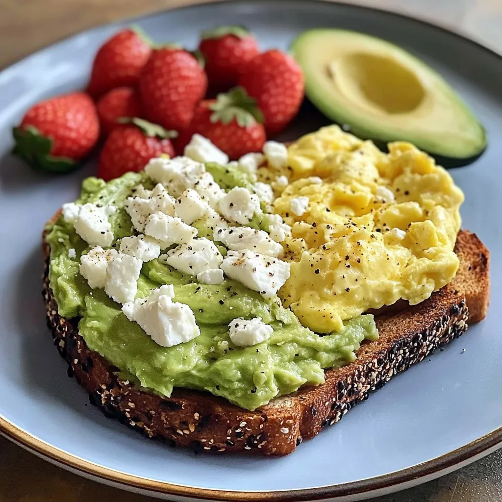 Delicious Avocado Toast with Scrambled Eggs and Fruit