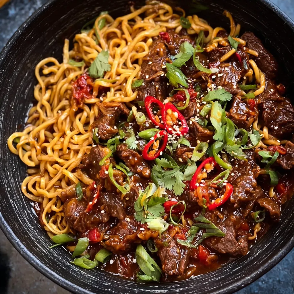 Tender Slow-cooker Beef Noodles with Delicious Sticky Chilli Sauce