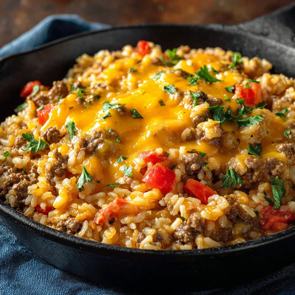 Cheesy Queso Beef Rice Bake