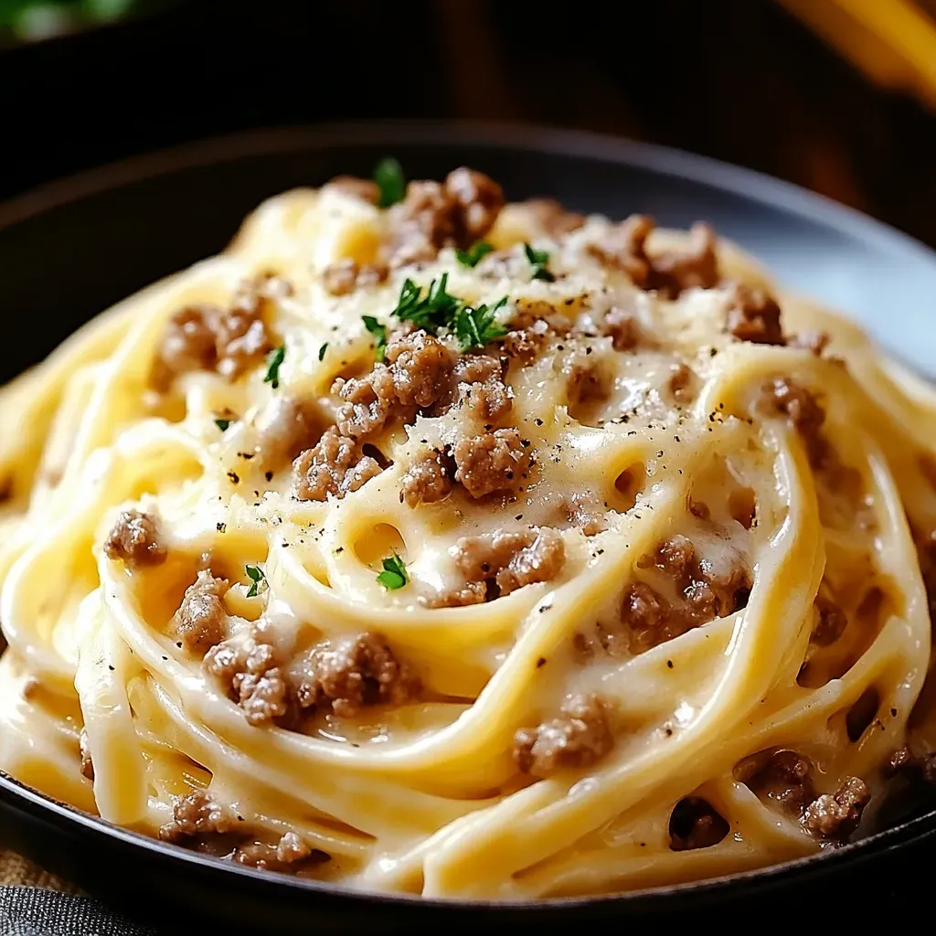 Creamy Garlic Butter Linguine with Cheesy Beef